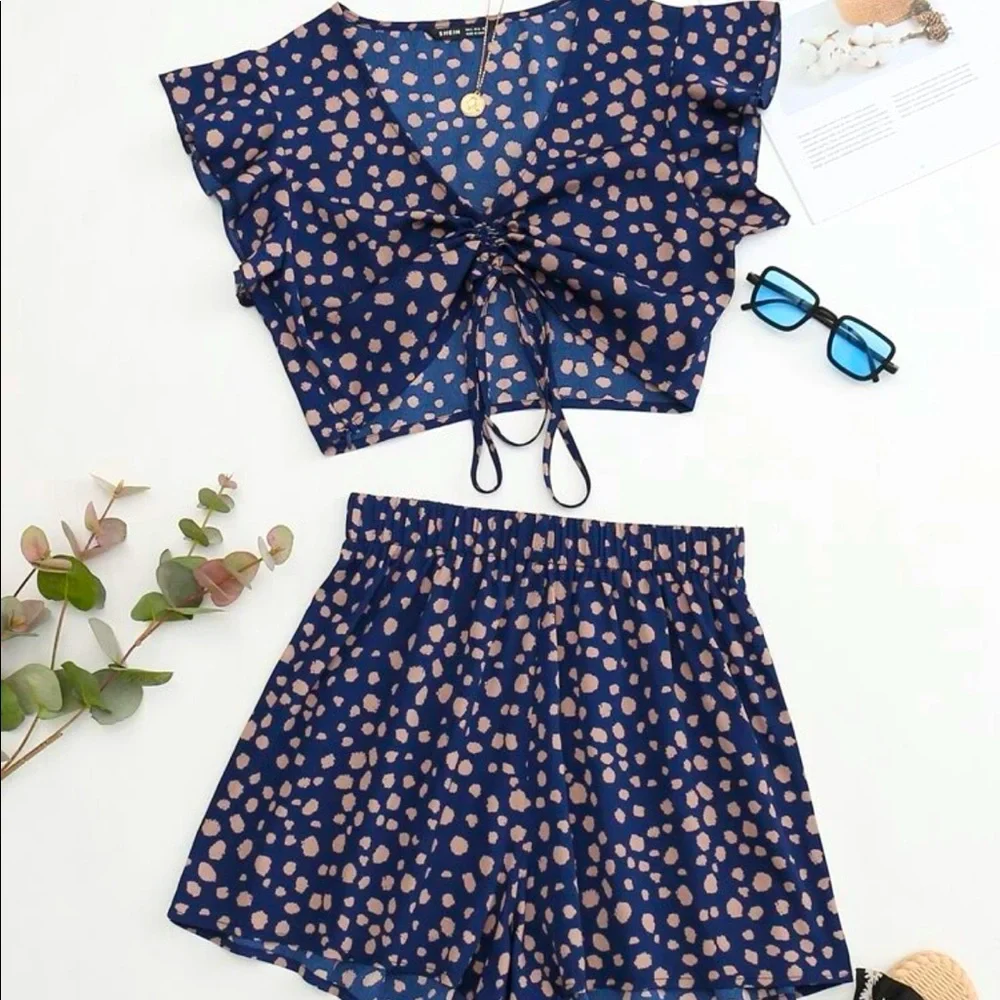 NWT SHEIN Navy Blue Polka Dot Crop Top Matching Set Summer Vacation Boho Spring - Picture 1 of 4